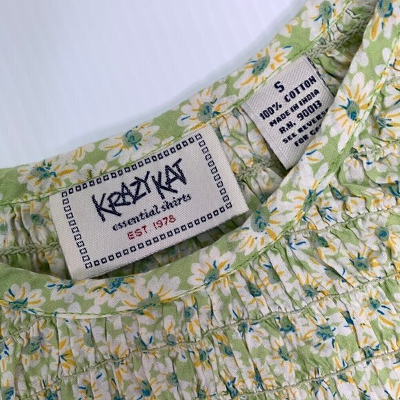Krazy Kat Shirt Small Crop Shirred Green Floral Cotton Retro Summer - Picture 2 of 12
